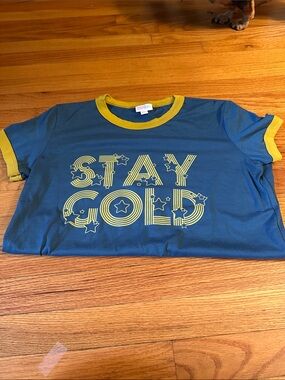 LuLaRoe Navy Tee with Yellow Trim and Star Graphic